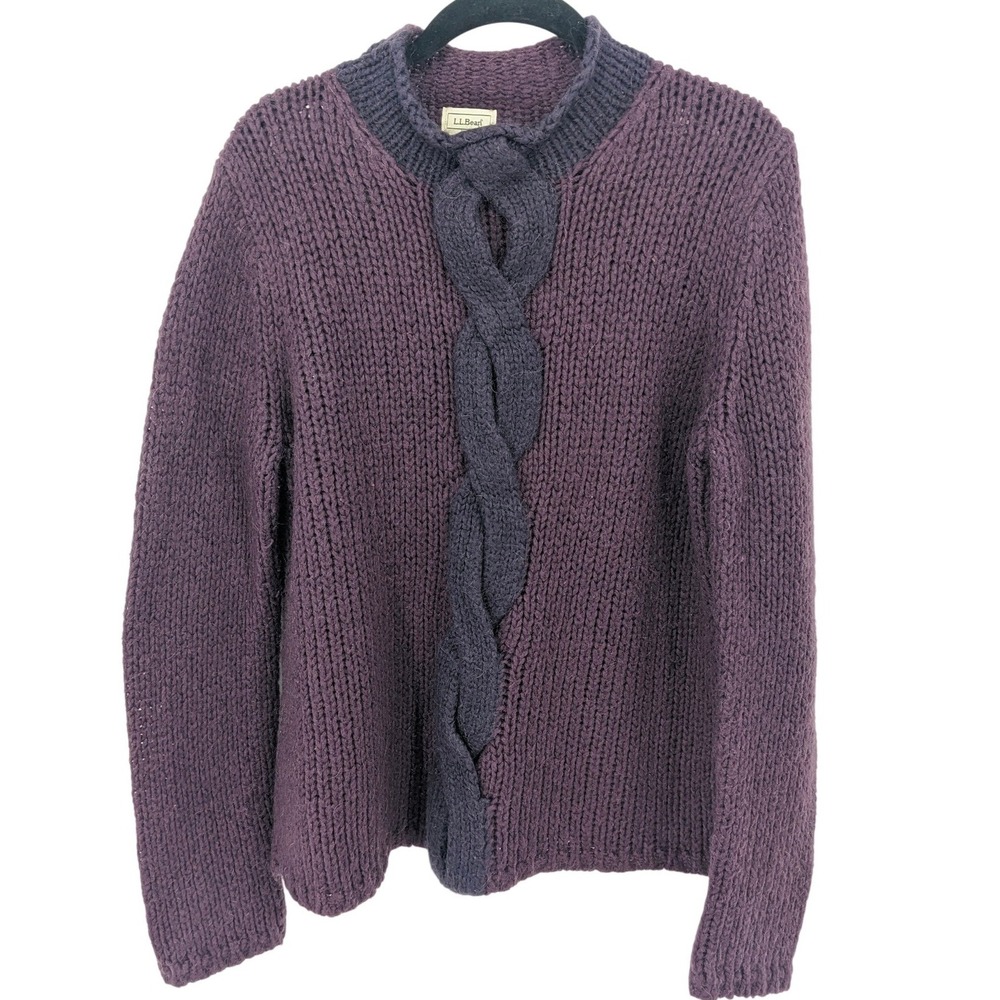 Vintage LL Bean Mohair Wool Blend Sweater Womens Large Purple Chunky Cable Knit